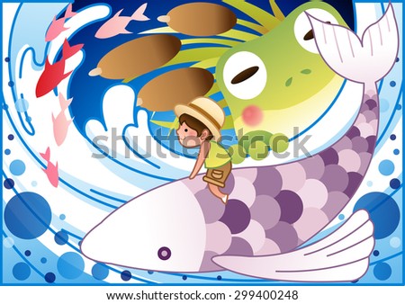 Fun Summer Story - cute young boy ride on a purple big fish and surf wild waves in beautiful waterside on relaxing vacation on background of blue sky with friendly large frog : vector illustration