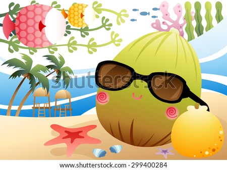 Fun Summer Story - cute green coconut rest and enjoy relaxing vacation with fresh yellow mandarin in tropical paradise on background of bright blue sea or sky and seaside sand : vector illustration
