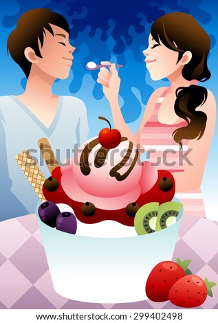 Smiling Couple and Tasty Food - lovely young girl and cute boy eating soft ice cream with sugary dessert on bright blue background with gradation and round table with purple cloth : illustration