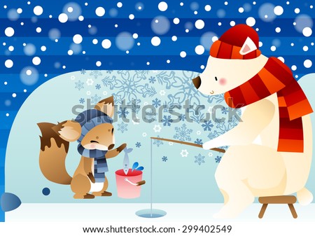 Winter Story - lovely young polar bear sitting in brown chair and fishing with cute little fox on bright blue background of beautiful ice world with stripe and snowflake patterns : illustration