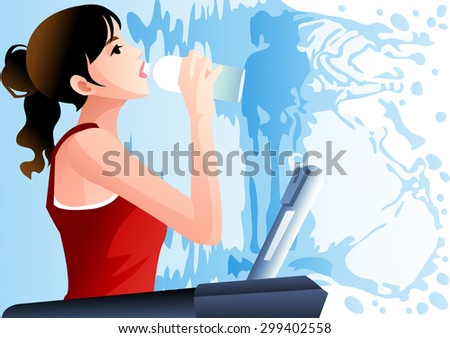 Healthy Summer Life - young girl drink bottle of cold water while running on treadmill in gym or after workout on blue and white background of aqua splash pattern : illustration