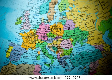 Map view of Europe on a geographical globe (vignette). Royalty-Free Stock Photo #299409284