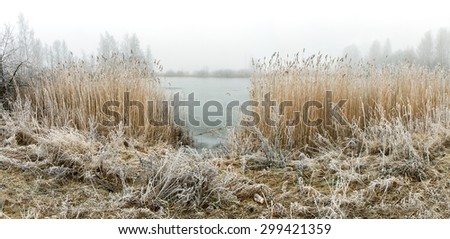  Early winter morning at the lake panorama
