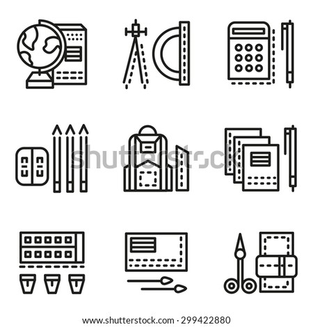 Set of black line vector icons for school accessories. Geography globe, pencils, paints palette and other items for business and website