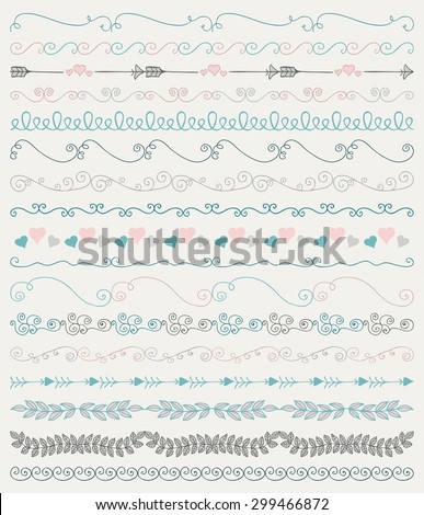 Collection of Colorful Hand Sketched Artistic Rustic  Decorative Doodle Vintage Seamless Borders, Swirls, Branches. Design Elements. Hand Drawn Vector Illustration. Pattern Brashes