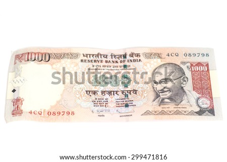 One thousand rupee note (Indian Currency) isolated on a white background Royalty-Free Stock Photo #299471816