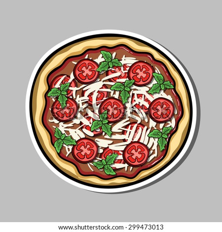 Bright sticker with hand drawn pizza. Vector illustration. Can be used for restaurants, websites, cafes, bars, shops and pizzerias.