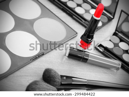 Lipstick makeup brushes make-up eye shadows black and white photo red vintage retro