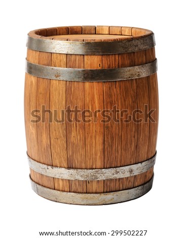Wooden oak barrel isolated on white background Royalty-Free Stock Photo #299502227