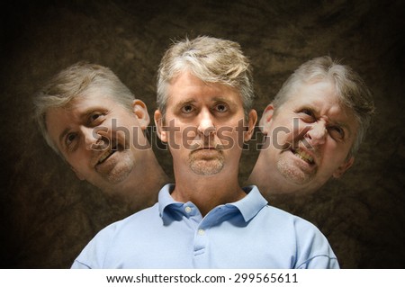 A man with a blank stare is looking directly ahead as his split personalities emit from either side of his head. Royalty-Free Stock Photo #299565611
