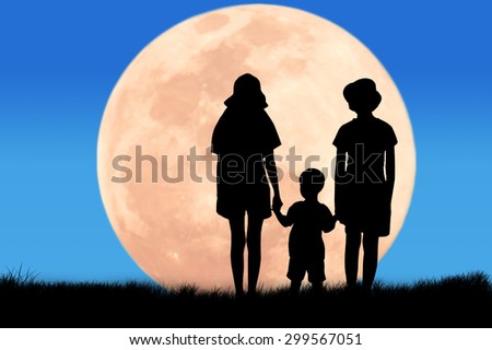 silhouette Three brothers looking  full moon night background