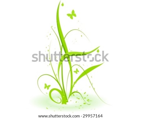 Floral vector illustration of grass blades with some drops falling of and butterflies. Use of global colors, blends, clipping masks.
