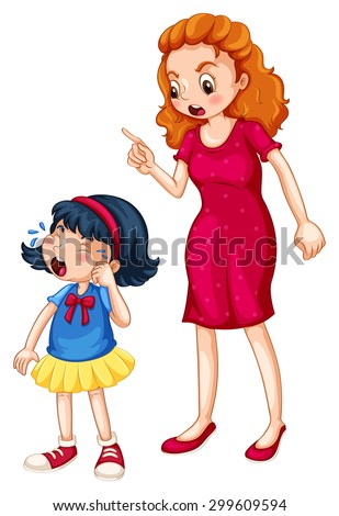 Female pointing finger while scolding a weeping girl on white background