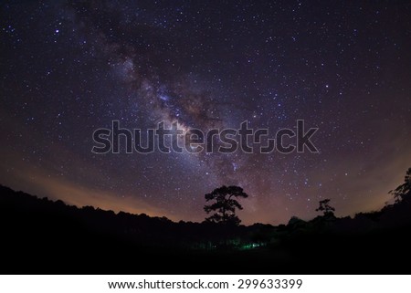 Silhouette of Tree and Milky Way with cloud, Long exposure photograph 