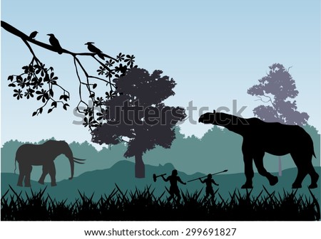 Ancient people hunting for big wild animals. Silhouettes of forest, animals and people 