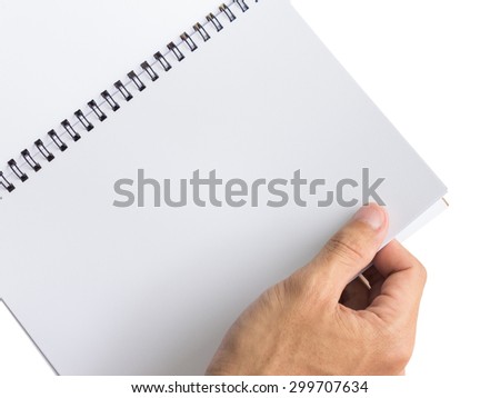 Hand opening book on white background