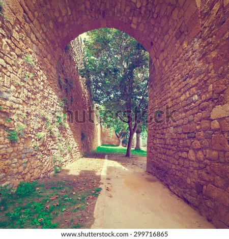 Archway in the Wall in Medieval Portuguese City of Logos, Vintage Style Toned Picture 