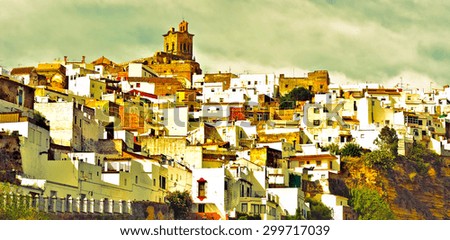 White Spanish Medieval Town on the Hill, Vintage Style Toned Picture