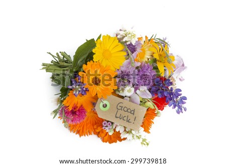 summer flower bouquet with tag islolated on white background