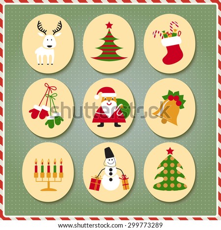 New Year set: Santa Claus, reindeer, stockings, gifts, candles, Christmas tree, snowman, candy