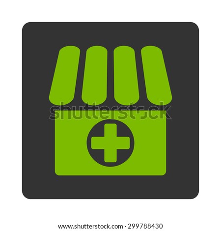 Drugstore icon. Vector style is eco green and gray colors, flat rounded square button on a white background.