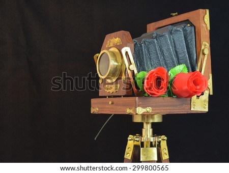 Vintage wooden camera  & roses