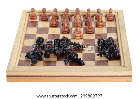 Chess king team leader dominating another in the foreground against a background of black army chips.