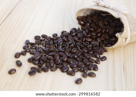 coffee beans in bag on wooden table