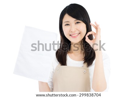 young woman cleaning with towel, isolated on white background