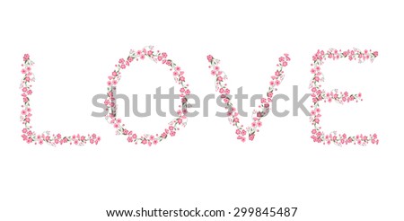 Title Love made of small red and pink roses. Ideal for wedding announcements and Valentine's Day greeting cards.