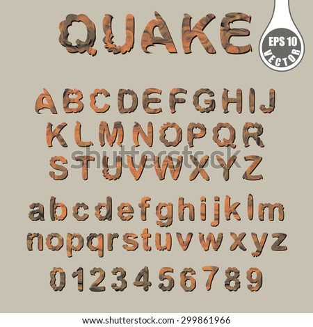 Character set. Trembling font Quake.
Resembling old ceramic plates.
For computer games or movies. Creating text in English.
Vector illustration. Royalty-Free Stock Photo #299861966