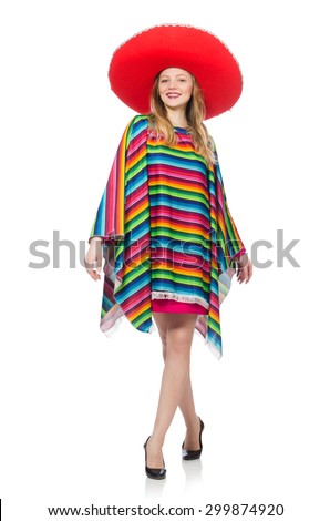 Pretty girl in mexican poncho isolated on white