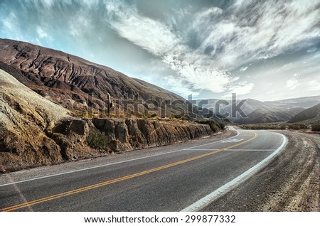 Cinematic road landcape. Humahuaca valley, Altiplano, Argentina