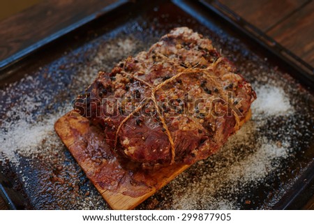 Bright picture appetizing meat fried to a crisp just got out of the oven, it lies in the pan