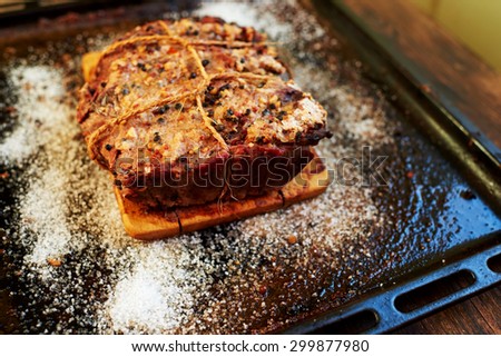 Bright picture appetizing meat fried to a crisp just got out of the oven