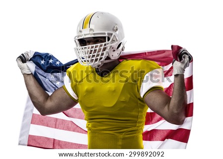 Football Player with a yellow uniform and a american flag, on a white background.