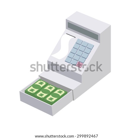 Cashier. Open a cash register with a lot of dollars. Seller box for storing money. Vector illustration