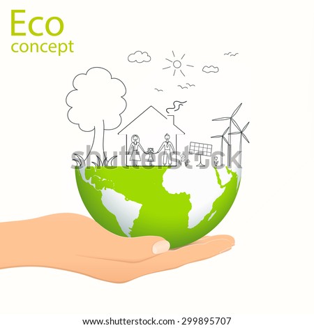 Creative drawing. Green world map global ecological concepts, with happy family stories. Tree, family, a house on the land in hand. Vector illustration modern design template.