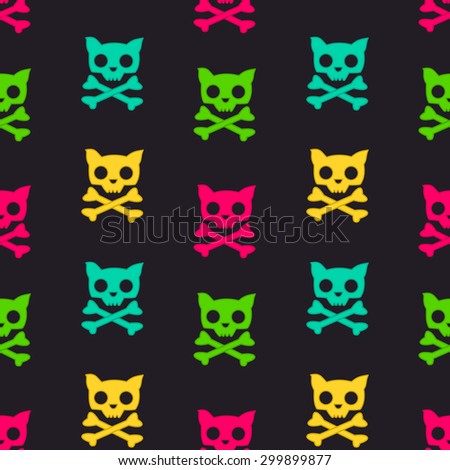 cartoon colorful cat skull seamless vector pattern illustration