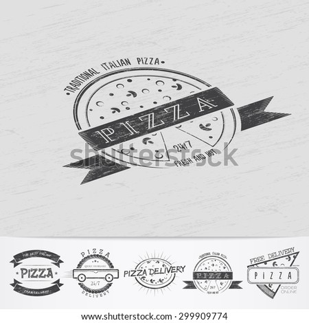 Pizza delivery. The food and service. Old school of vintage label. Old retro vintage grunge. Scratched, damaged, dirty effect. Monochrome typographic labels, stickers, logos and badges.