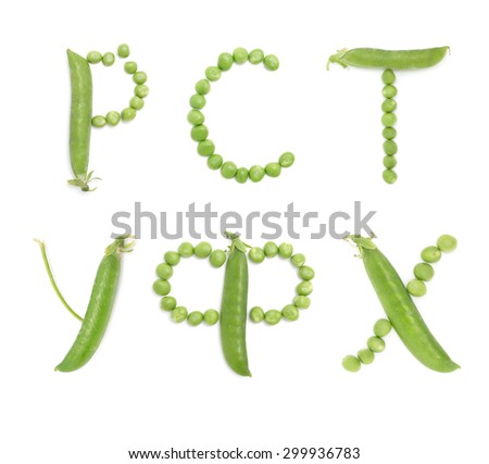 Letters of russian alphabet with unique design of the pods of green peas. ABC. Each letter represents a unique and inimitable combination of pods and peas.