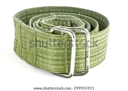 old green military style belt in white background