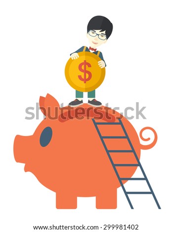 A young asian guy saving his money by putting a coin in big piggy bank using a ladder. Saving concept. A Contemporary style. Vector flat design illustration isolated white background. Vertical layout.