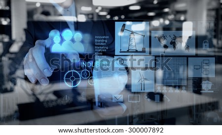 Double exposure of business engineer draw icon of industry and abstract city as concept Royalty-Free Stock Photo #300007892