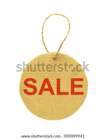 A round cardboard sale tag with string isolated on white