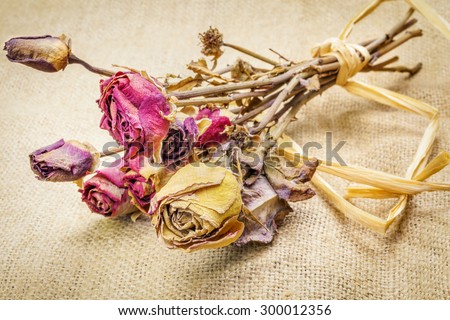 Dried roses on rustic jute fabric