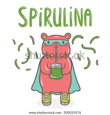 Cute cartoon red bear superhero holding mason jar with spirulina smoothie. Spirulina superfood vector illustration.