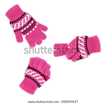 close up pink winter gloves gesturing sign as rock paper scissors game (hammer, paper, scissors)  isolated on white background, fighting with body language, cyclic games of decision