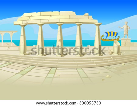 Vector illustration of ruins of an ancient city, with an old-time sailing ship, a blue sea and sky in the background. Empty space leaves room for design elements or text.Postcard.Banner.Background.