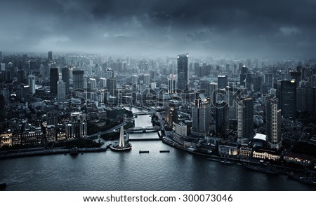skyline of Shanghai at sunset, China